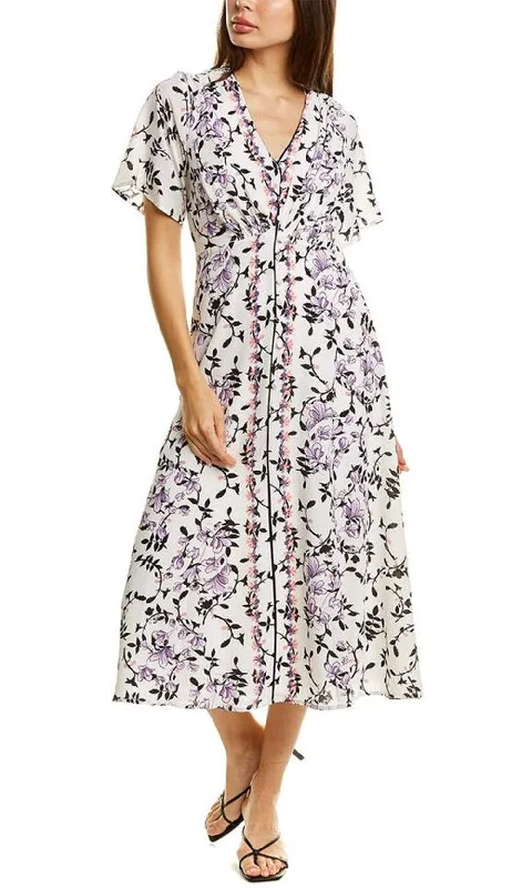 Maison Tara - 91062M Floral Print Buttoned A-Line Dress Lighten Up With Nordic Styles