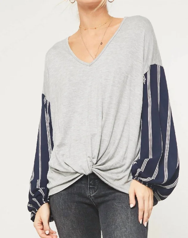 Sunday Funday Stripe Print Sleeve Top In Grey/navy Imeless Style