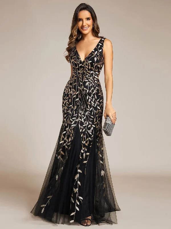 Women's Double V-Neck Fishtail Sequin Evening Dress Evening Elegance