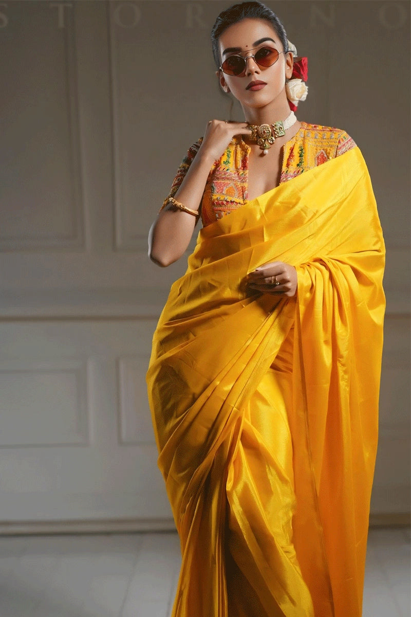 Embroidery Sequence Work Yellow Colour Saree For Pithi Rasam Season Offer