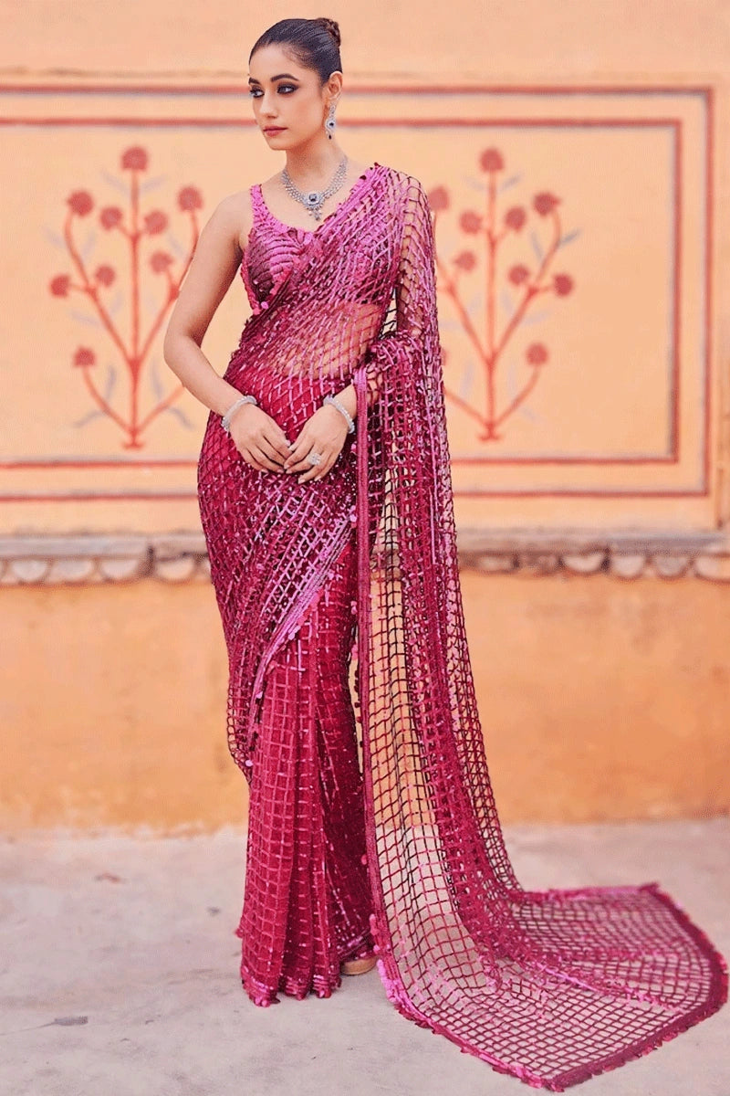 Maroon Colour Square Design Sequence Saree For Girls Style Upgrade