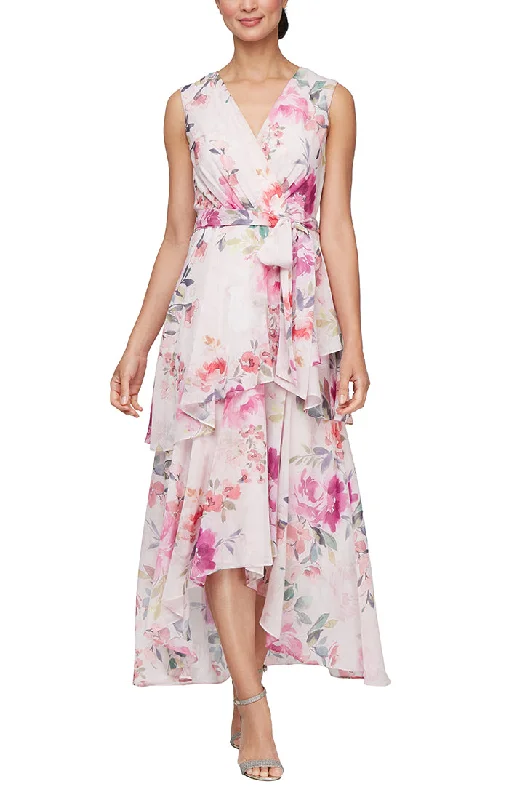 Floral Chiffon High-Low Dress with Tiered Skirt and Tie Belt Spring Fashion