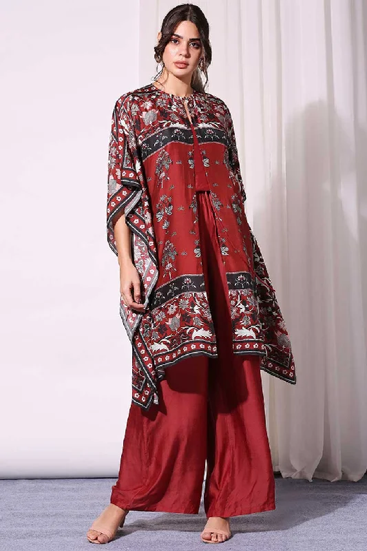 Red Silk Jumpsuit With Printed Jacket Trendy And Individual Women's Fashion