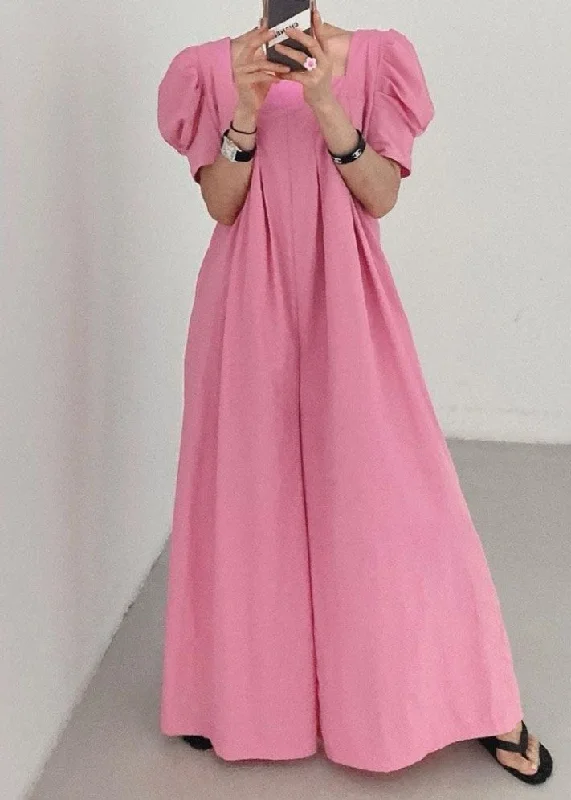 Bohemian Rose Square Collar Oversized Linen Jumpsuits Wide Leg Pants Summer Graceful Drape