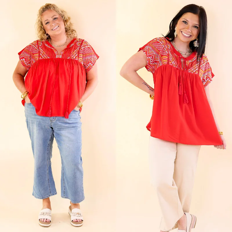 Forgotten Paradise Embroidered Top with Front Tie in Red Flash Deals