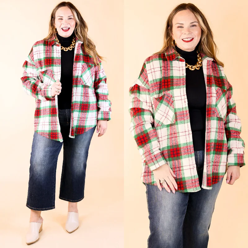 Sleigh All Day Button Up Plaid Shacket in Red and Green Best Sellers