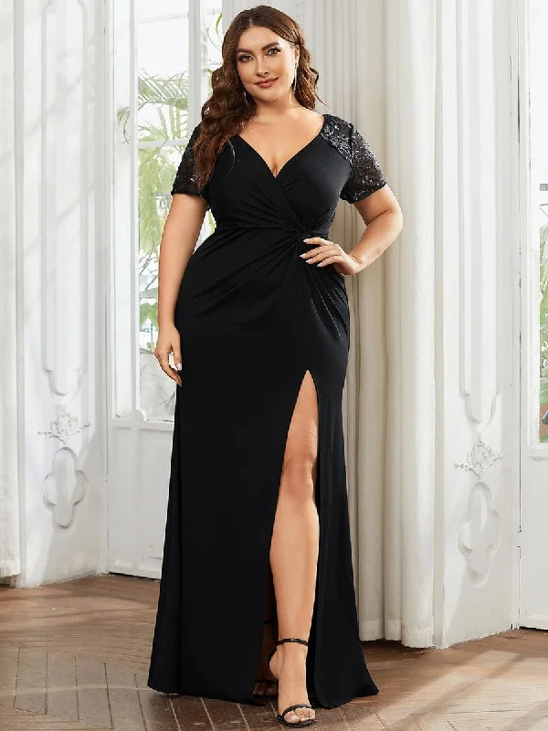 Plus Size Front Slit Short Sleeve With Sequin Mother of the Bride Dresses Attire Sale