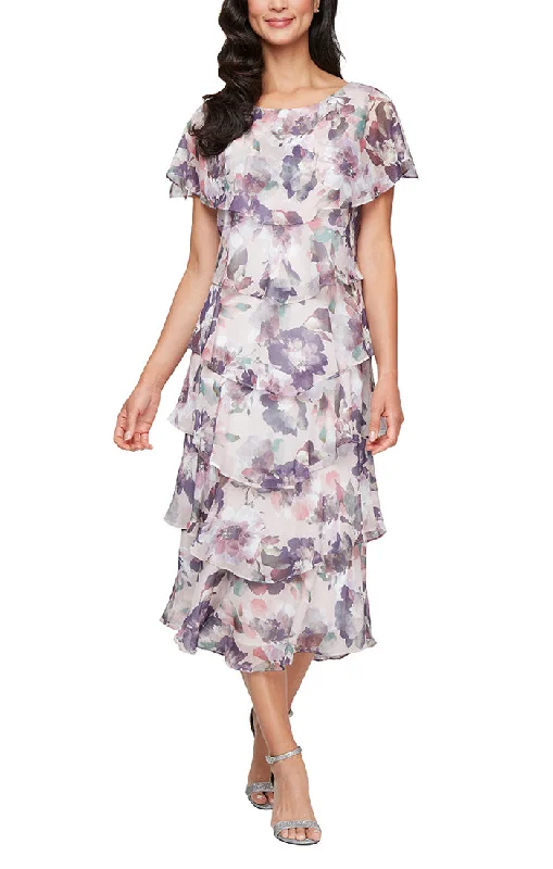 Printed Chiffon Tiered Dress With Capelet Sleeves and Embellishment at Shoulders Discover Promotions