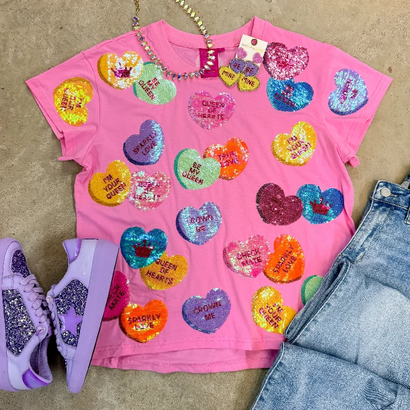 Queen Of Sparkles | Eye Candy Multi-Colored Conversation Heart Sequin Top in Pink Flash Sales