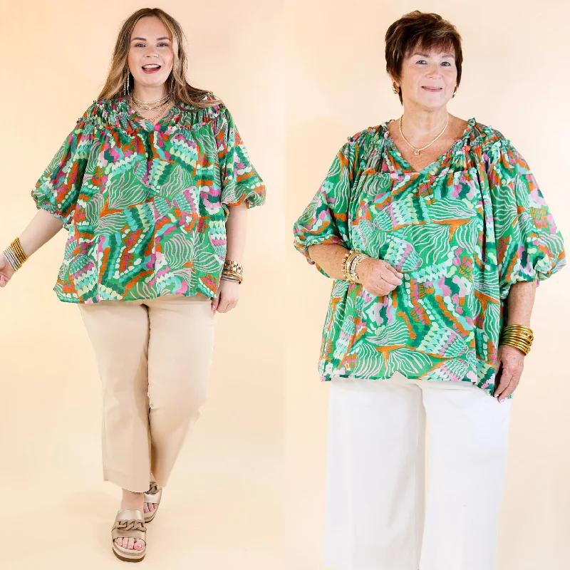 Effortless Style V Neck Tropical Print Top in Green Unleash Your Style