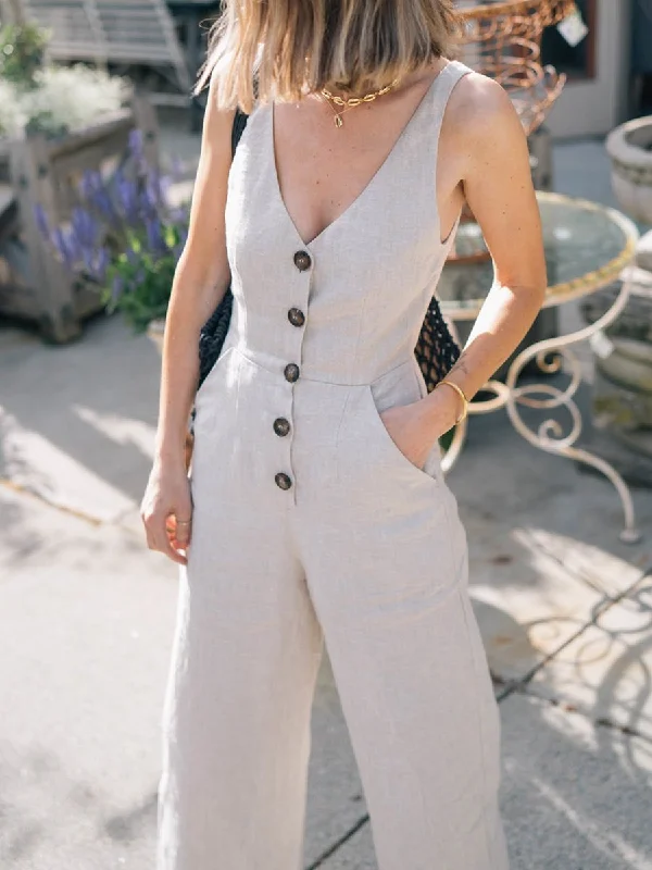 Deep V-Neck Button Linen Jumpsuit Classic Charm