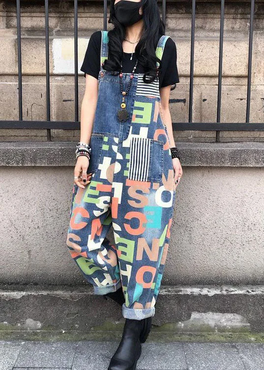 Modern Blue Letter Print Patchwork Denim Wide Leg Jumpsuits Summer Stylish Savings