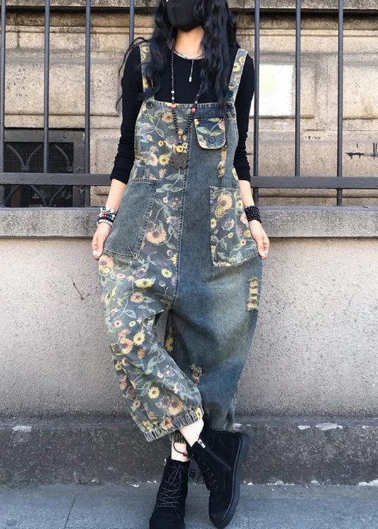 Organic Slash Neck Print Patchwork Denim Jumpsuit Spring Stylish Looks