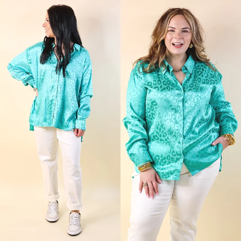 Top It Off Long Sleeve Button Up Satin Leopard Top in Turquoise Blue Brand Name Clothing Discount Extravaganza