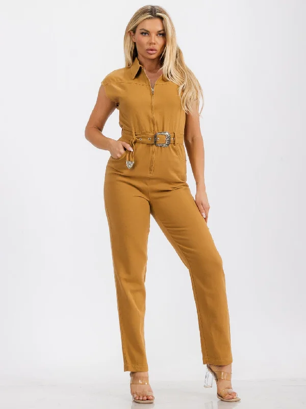 WOMENS' SHORT SLEEVE ZIP UP FRONT POCKETS BELTED JUMPSUIT Save On Inspired Styles