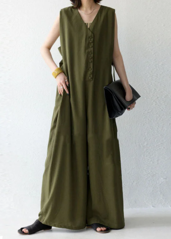 Natural Green V Neck Patchwork Cotton Wide Leg Jumpsuit Spring Sustainable Fashion Extravaganza