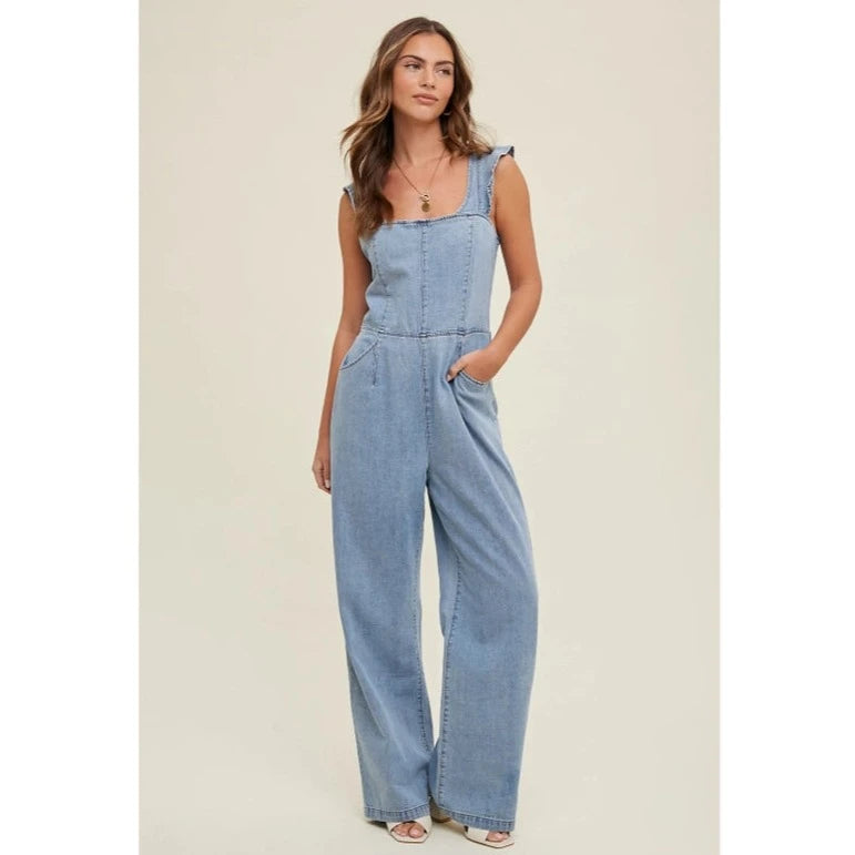 Women's Ruffle Open Back Denim Jumpsuit in Light Wash Holiday Glam