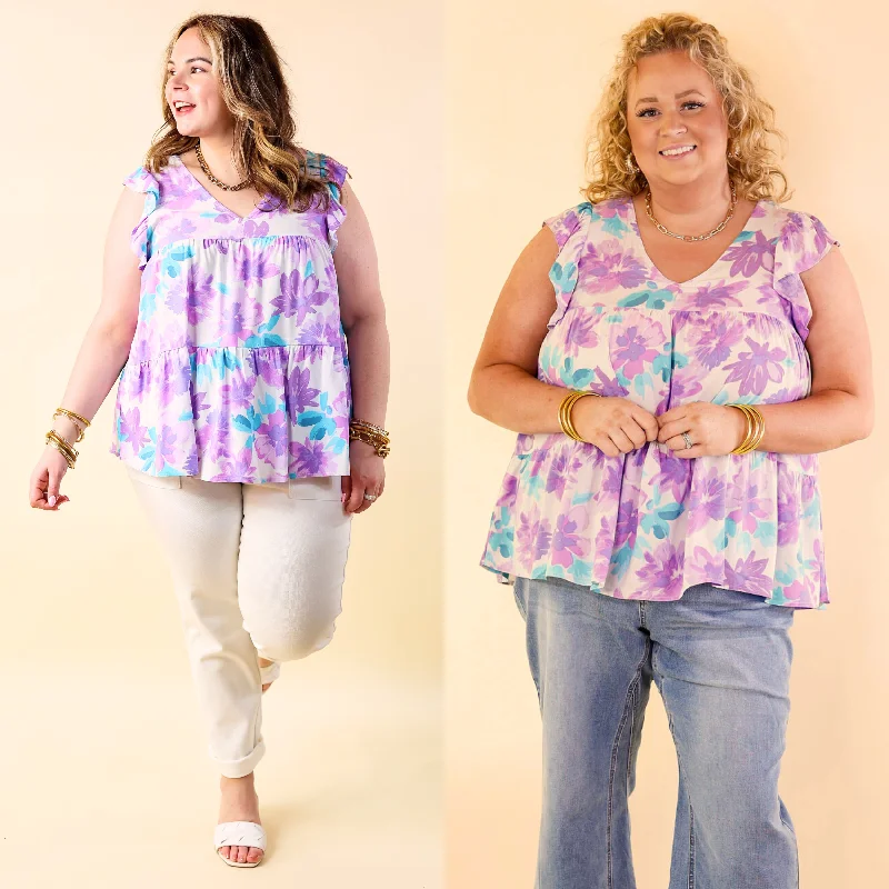 Inspiring Sights Floral V Neck Top with Ruffle Cap Sleeves in Lavender Purple Bold Fashion