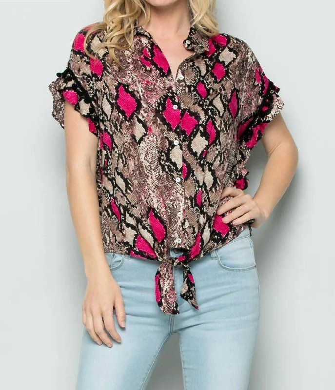 Snake Skin Front Tie Top In Pink Chic Everyday Wear