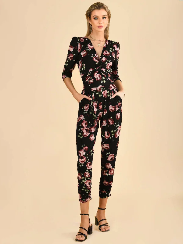 Cheryl Floral Print Jersey Jumpsuit, Black Floral Crazy Discounts, Hurry Up