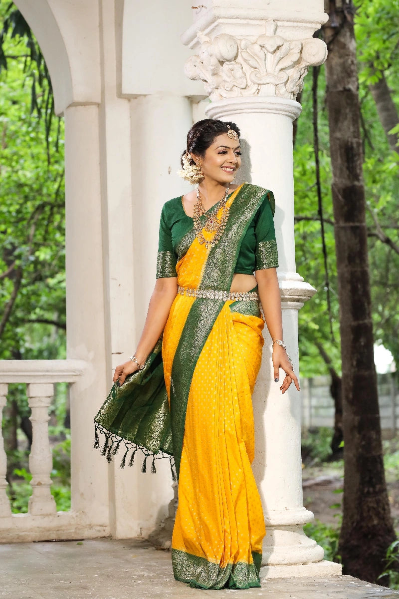 Yellow Green Combination Colour Silk Saree For Pithi Rasam Refined Simplicity