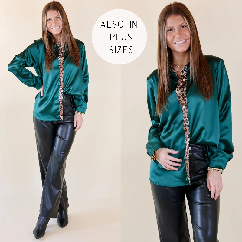 Sugar On Top Long Sleeve Button Up Satin Top with Leopard Print Trim in Forest Green Polished Finish