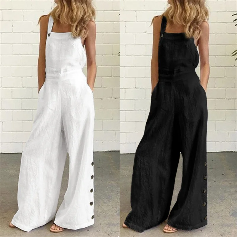 Overalls Buttons Sleeveless Wide Leg Jumpsuit Low Price Special