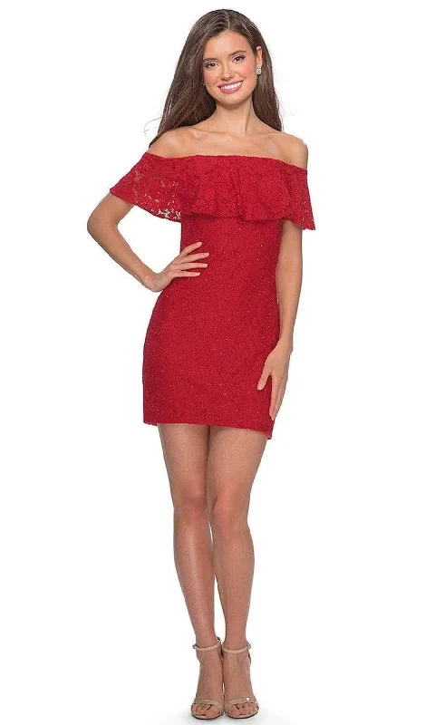 La Femme - Draped Lace Off Shoulder Short Dress 28147SC Trendy Women's Collection