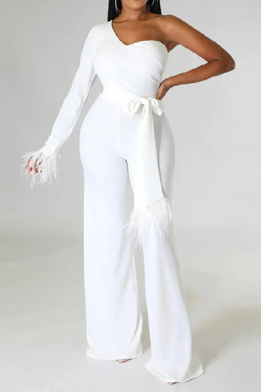 Solid Color Feather Trim Glamorous One Shoulder Belted Jumpsuit Discount Extravaganza