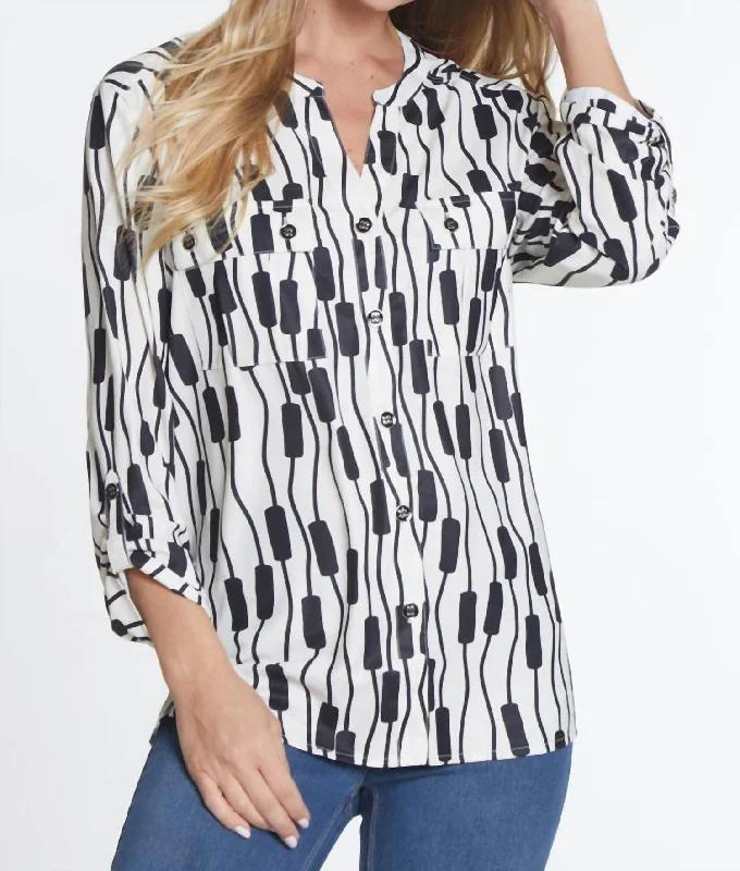 3/4 Sleeve Button Front Shirt In Black Print Y2K Nostalgic Fashion Look