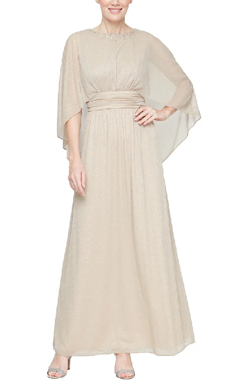 Long Glitter Mesh Ruched Waist Dress with Capelet Sleeves and Embellishment at Neckline Style Your Wardrobe