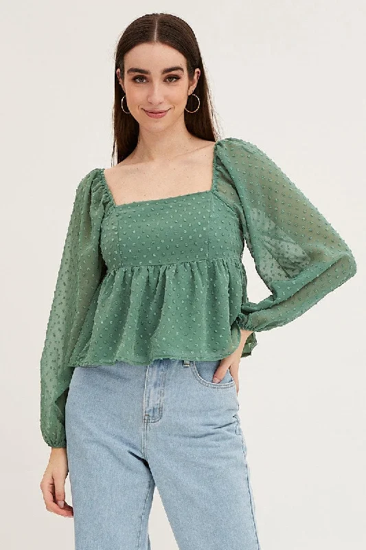 Green Puff Sleeve Peplum Top Fashion Deal