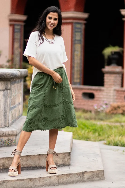 Andean Fields Embroidered Laurel Green Cotton Skirt from Peru Fashion Forward Femininity