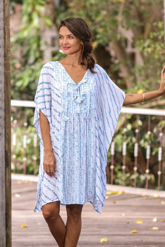 Azure Helix Helix Motif Rayon Short-Sleeve Tunic-Style Dress from Bali Trendy Clothing Sale