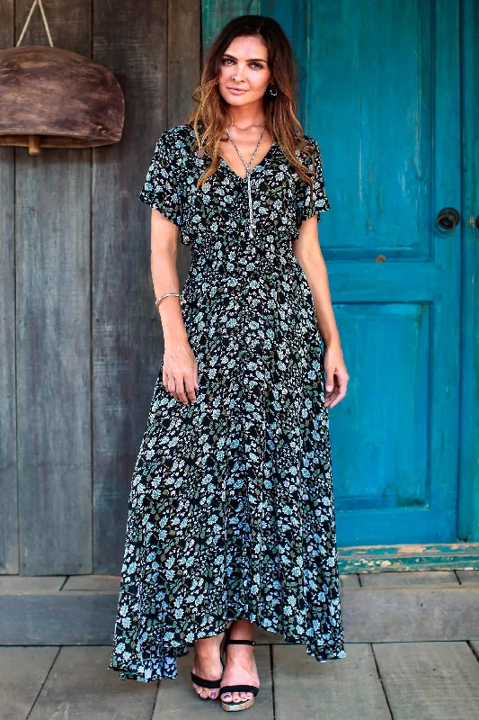 Bali Garden Short Sleeve White and Olive Floral on Black Rayon Dress Trendy Street Style Attire