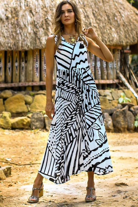 Black and White Jungle Onyx and Eggshell Rayon A-Line Dress from Bali Style Upgrade