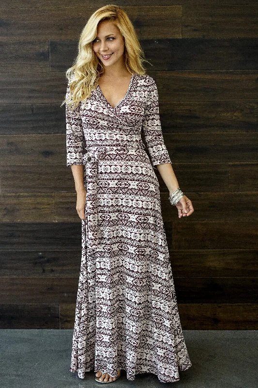 Burgundy Tribal Printed 3/4 Sleeve Maxi Dress Exclusive Discount