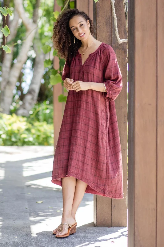 Chiang Mai Wine Burgundy Tunic-Style Dress from Thailand Trend Setting Wardrobe