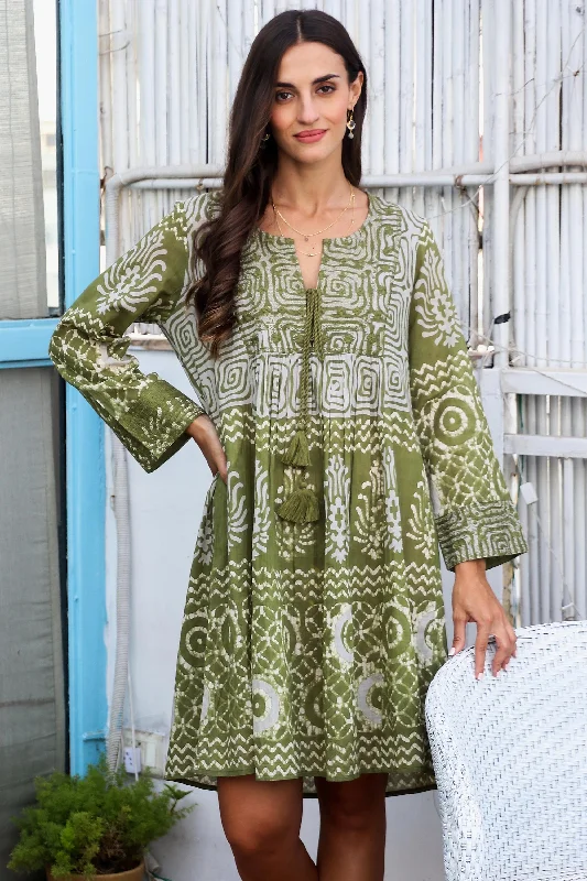 Cool Green Screen Printed Embroidered Cotton Dress End Of Season Clearance