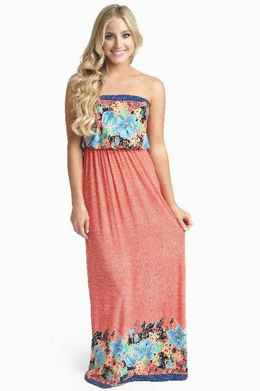 Coral Tropic Floral Strapless Maxi Dress Fashion Essentials