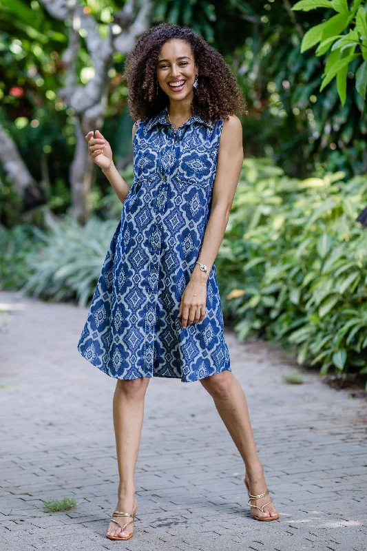 Eyeful Blue 100% Cotton Shirt Dress with Geometric Pattern Seasonal Sale