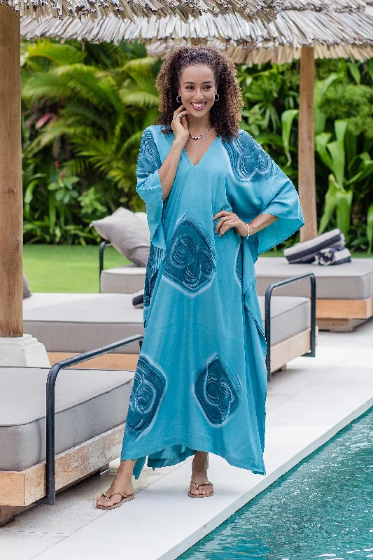 Floating Blue Hand-Painted Rayon Caftan from Bali Save Big