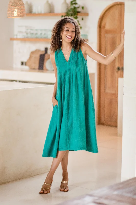 Good Fortune Sleeveless Cotton A-Line Dress from Thailand Stylish Savings