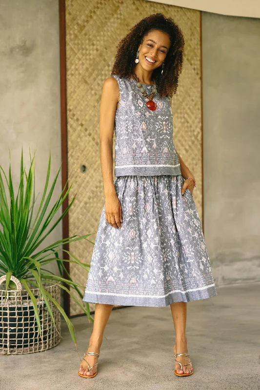 Grey Gardens Hand Woven Cotton Midi Ikat Skirt from Bali Trendy Fashion For Women