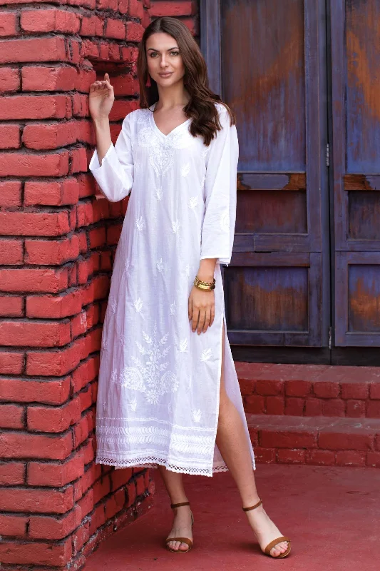 Lucknow Lily Long White Embroidered Caftan from India Colorful Clothing