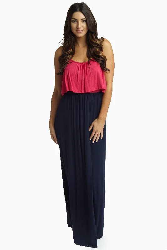 Navy Blue Fuchsia Overlay Maxi Dress Best Seller