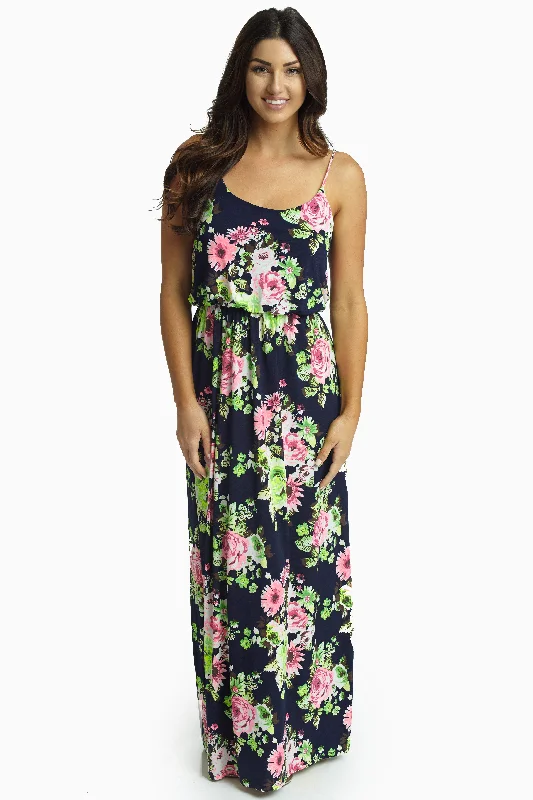 Navy Blue Vibrant Floral Maxi Dress Style Breakthroughs