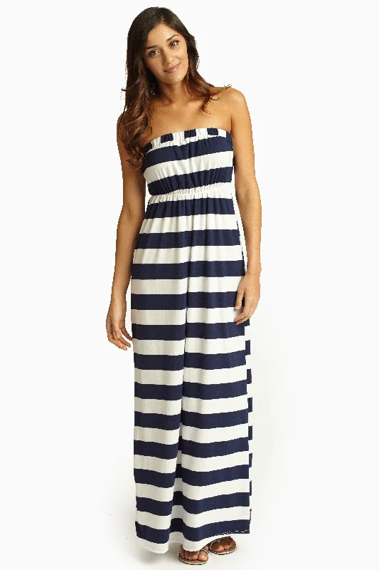 Navy Blue White Striped Strapless Maxi Dress Style Upgrade