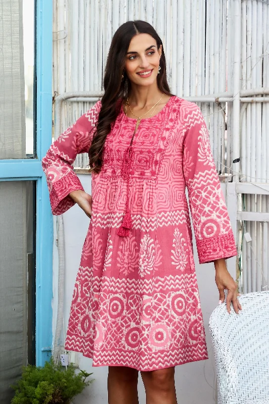 Petal Pink Embroidered Cotton A-Line Dress from India Seasonal Sale