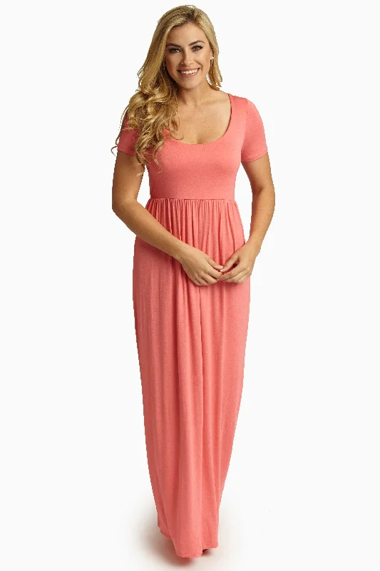 Pink Solid Short Sleeve Maxi Dress Lightweight Fabric